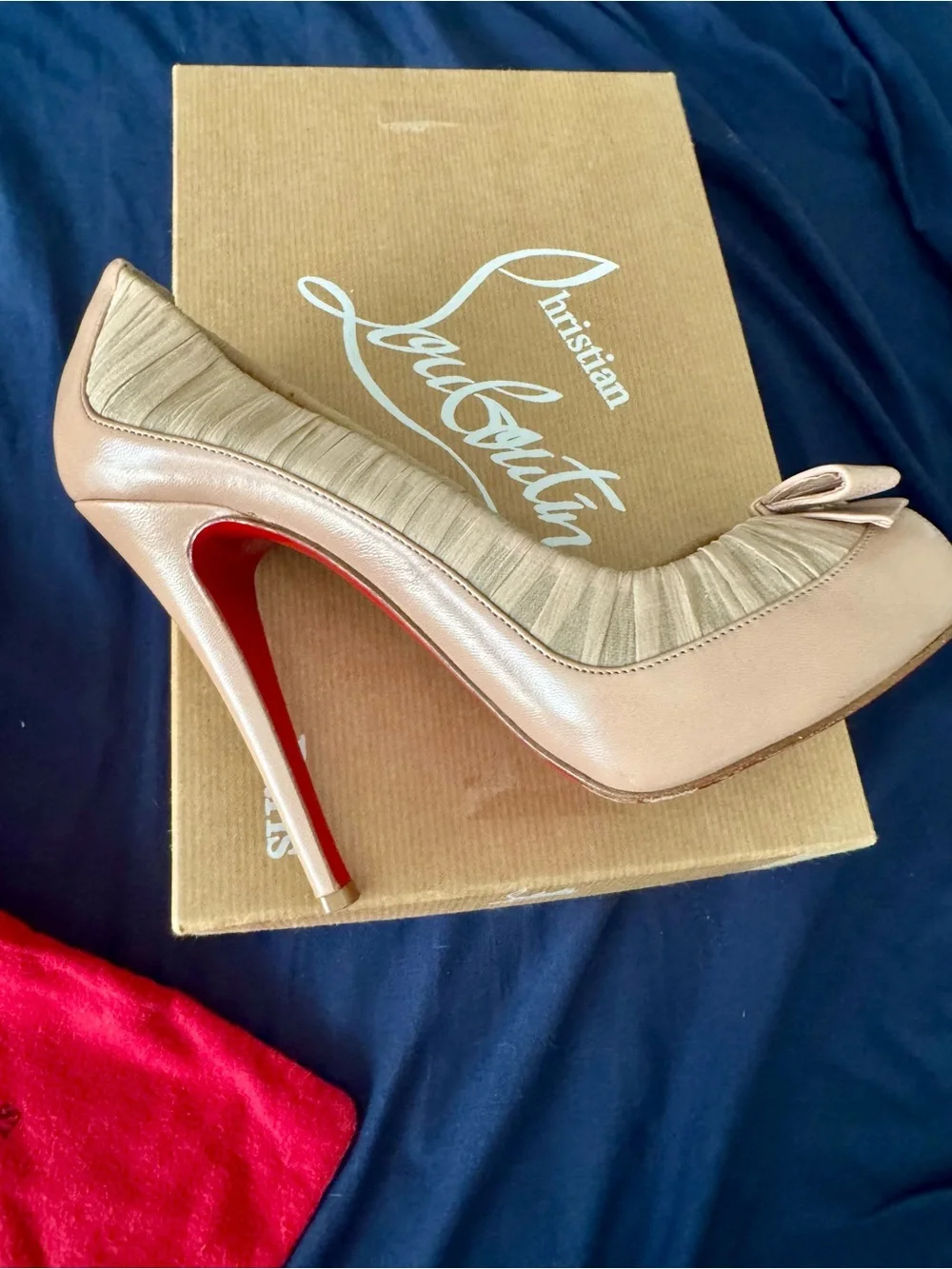 Christian Louboutin Angelique Nude chiffon Peep-Toe Stiletto with Red Sole